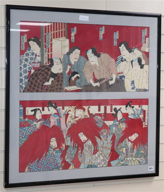 Japanese School, 4 triptych woodblock prints, Kabuki studies, 35 x 70cm, housed in two frames